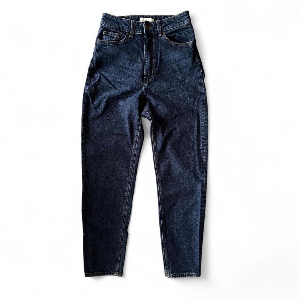 H&M High Waisted Mom Jeans Womens Size 4 Dark Wash Blue Denim Tapered Leg